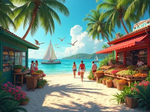 Tropical island, grocery store, vibrant colorful buildings, palm trees, sandy beach, clear turquoise water, sunny day, 3/4 composition, low-angle shot, warm ambient lighting, relaxed atmosphere, shopp