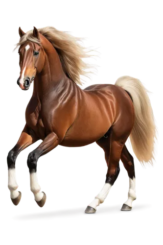 Majestic horse, galloping, brown coat, flowing mane, white socks on legs, shiny hooves, muscular body, saddle on back, reins in mouth, freedom pose, outdoor background omitted, 3/4 composition, warm l