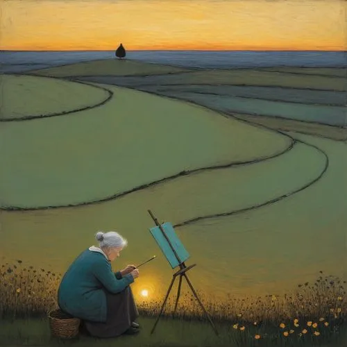 a painting being displayed on an easel by the sunset,hockney,kurelek,astronomer,surveyor,landscaper,spectator,Art,Artistic Painting,Artistic Painting 49