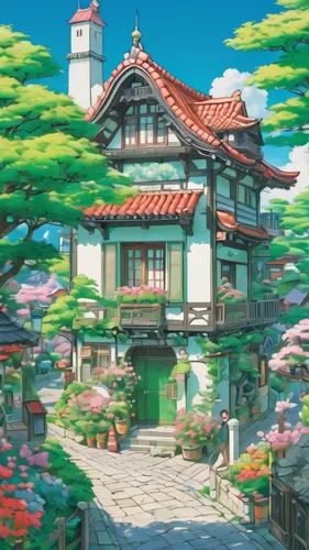 studio ghibli,ginkaku-ji,tsukemono,roof landscape,ryokan,kyoto,japanese sakura background,sakura background,watercolor tea shop,house by the water,honzen-ryōri,芦ﾉ湖,house of the sea,japanese architecture,japan garden,koyasan,background with stones,japan landscape,house with lake,japanese shrine,Illustration,Japanese style,Japanese Style 04