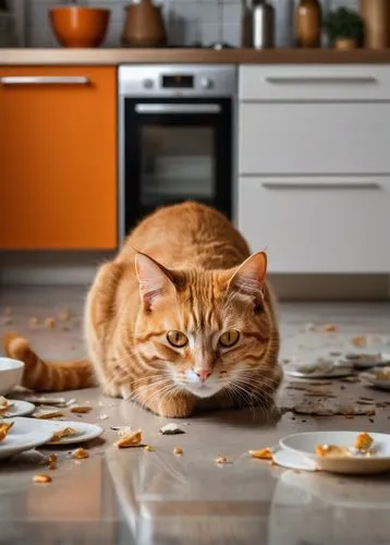 An orange cat in a kitchen, shushing the viewer with a finger to its lips. The floor is covered in broken plates,pet vitamins & supplements,pieces of orange,mess in the kitchen,cat food,appetite,marma