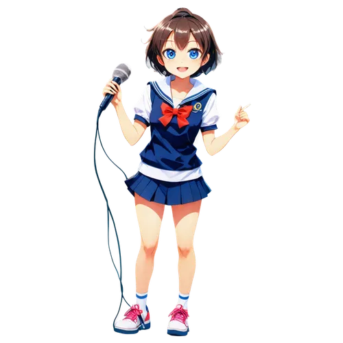 anime girl, short hair, bright smile, big eyes, colorful outfit, sailor uniform, holding microphone, standing on stage, dynamic pose, vibrant colors, high-energy atmosphere, fast-paced editing, shallo