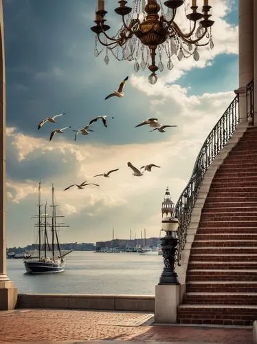 Baltimore style, historic building, brick facade, ornate details, columned entrance, grand staircase, marble floor, chandelier, Inner Harbor view, waterfront, sailboats, seagulls flying overhead, clou