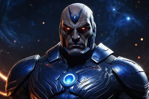 Darkseid, Omega symbol, powerful, muscular male, intense eyes, bald head, iconic armor, Apokoliptian technology, intricate circuitry patterns, metallic material, dark blue and grey color scheme, drama