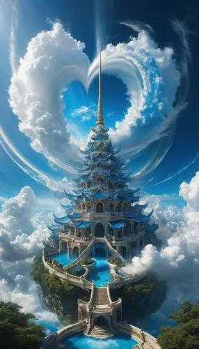 sky tree,fantasy picture,asian architecture,global oneness,akashic,fractals art,Conceptual Art,Fantasy,Fantasy 11