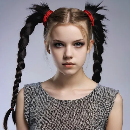 pigtail,pippi longstocking,hairtie,hair ribbon,hair tie,braids,artificial hair integrations,hair accessory,pony tails,hairstyle,hair accessories,braiding,lily-rose melody depp,gothic fashion,braid,gothic style,realdoll,harley quinn,female doll,girl pony,Conceptual Art,Fantasy,Fantasy 29