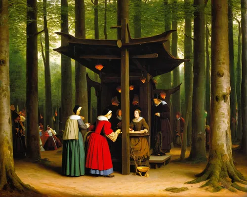 happy children playing in the forest,carolers,dongfang meiren,pilgrims,procession,puppet theatre,woman at the well,woman hanging clothes,festival,village festival,carol singers,celebration of witches,street musicians,in the forest,amusement ride,the hat of the woman,the ceremony,kükchen,promenade,maypole,Art,Classical Oil Painting,Classical Oil Painting 41