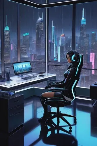 cybertown,cybercity,cyberpunk,neon human resources,cyberworld,cyberport,cybersquatters,cyberscene,night administrator,megacorporation,cyberia,computer room,cyberspace,futuristic,cybertrader,sci fiction illustration,new concept arms chair,cybercafes,modern office,cyberpatrol,Illustration,Japanese style,Japanese Style 07