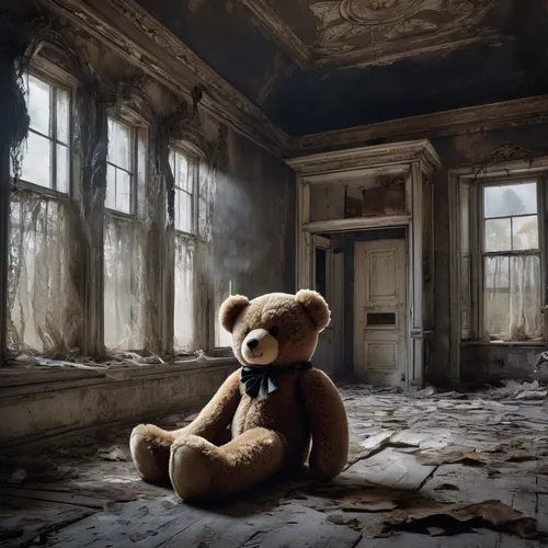 Create a spooky scene with a teddy bear waiting in an abandoned house, haunted by its previous owner.,teddy bear waiting,teddy bear crying,abandoned,abandonded,abandon,teddy-bear,abandoned places,aban