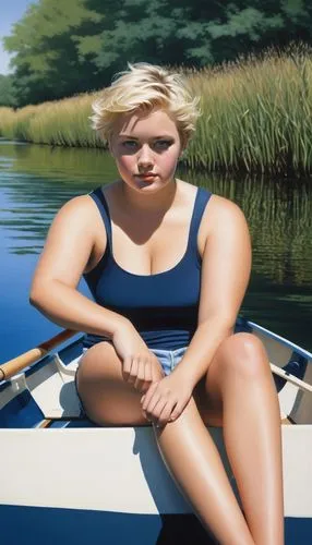 2000s chubby young twen sitting in a rowing boat near the lakes edge, Looking straight at the camera. Short blonde hair in a college boy style. She is tanned and due to the 30c temperature, extremely 