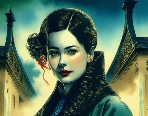 Beautiful china girl, full dark curly hair, big green almond eyes, full red lips, misty sky,a drawing of a woman dressed in gothic clothing,gwtw,queen anne,vampire woman,nessarose,viveros,victorian la