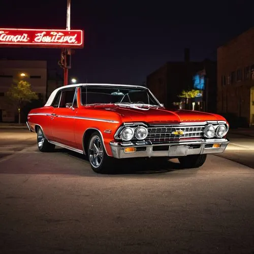 1962 Chevy Chevelle, classic car, vintage, American muscle car, shiny chrome bumpers, rounded headlights, iconic grille, red paint job, vinyl roof, whitewall tires, sporty wheels, low-angle shot, dram