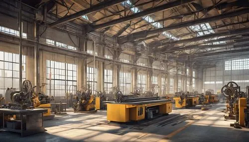 Industrial building, metal fabrication factory, interior scene, high ceiling, exposed ductwork, rows of workstations, metal beams, welding sparks, machinery, tools, pipes, valves, intricate metal stru