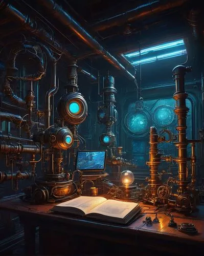 chemical laboratory,distillation,laboratory,engine room,clockmaker,apothecary,scientific instrument,watchmaker,refinery,metallurgy,steampunk,sci fiction illustration,laboratory information,fractal environment,alchemy,sci fi surgery room,chemical plant,heavy water factory,lab,research station,Conceptual Art,Sci-Fi,Sci-Fi 22