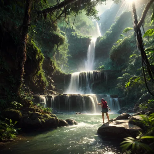 standing under flowing waterfall in a jungle,erawan waterfall national park,philippines,rain forest,green waterfall,brown waterfall,indonesia,costa rica,waterfalls,ash falls,waterfall,water fall,rainf