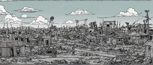 post-apocalyptic landscape,destroyed city,slums,trash land,post apocalyptic,slum,human settlement,wasteland,post-apocalypse,junkyard,scrap yard,salvage yard,destroyed houses,scrapyard,graveyard,fallout4,mud village,old graveyard,scorched earth,suburb,Illustration,Children,Children 06