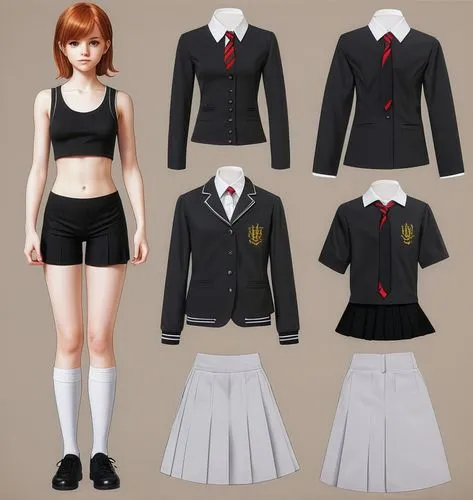 Paper dolls British 16 year old schoolgirl in black sleeveless shirt ,black tight fit spandex shorts with black sock and black shoe standing surrounded by with a set of British school uniform, white d