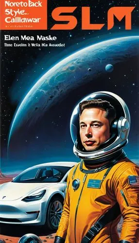 style of 1960's Space Age Retro Futurism, vintage sci-fi novel cover, foreground is elon musk in a space suit, a 2023 tesla model 3 is parked behind him,magazine cover,musk,slmm,astronautical,sls,slm,