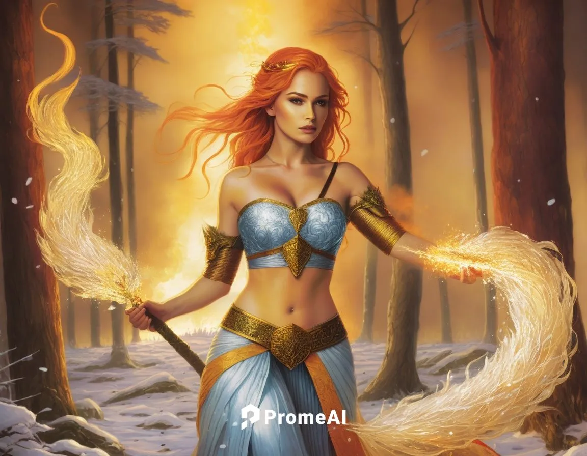 ice and fire,the red headed girl is wearing armor, and holding a staff,fireheart,sorceress,fire angel,sorceror,sigyn,fantasy art,Illustration,Realistic Fantasy,Realistic Fantasy 25