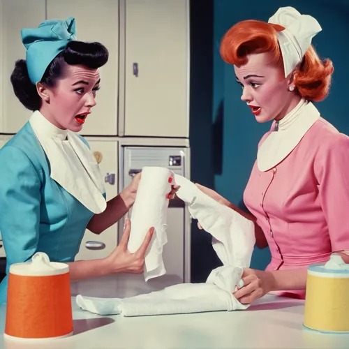 Write a humorous dialogue between two friends arguing over the superiority of cotton rags versus paper towels.,stewardess,flight attendant,housework,vintage 1950s,nurse uniform,bathroom tissue,househo