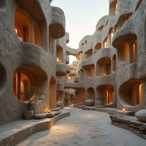 pedrera,arcosanti,kandovan,cubic house,cube stilt houses,hanging houses,gaudi,tuff stone dwellings,earthship,acoma,iranian architecture,dwellings,masdar,futuristic architecture,stone houses,cappadocian,cappadocia,rooves,courtyard,escher village,Photography,General,Realistic