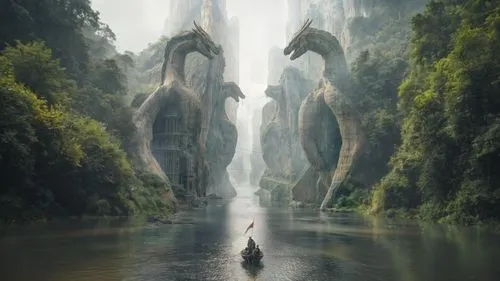 fantasy picture,fantasy landscape,shaoming,rivendell,guards of the canyon,dragon bridge