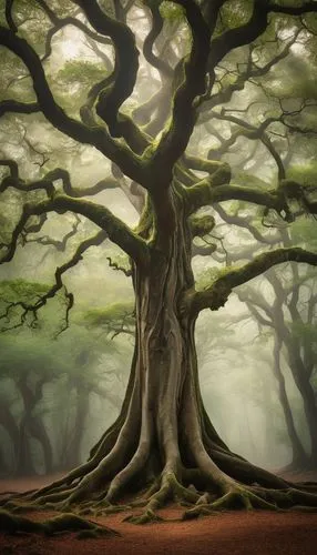 Tall tree, intricate branches, leafy canopy, rough bark texture, vibrant green leaves, sunlight filtering through, dramatic shadows, misty atmosphere, foggy morning, eerie silence, ancient forest, twi