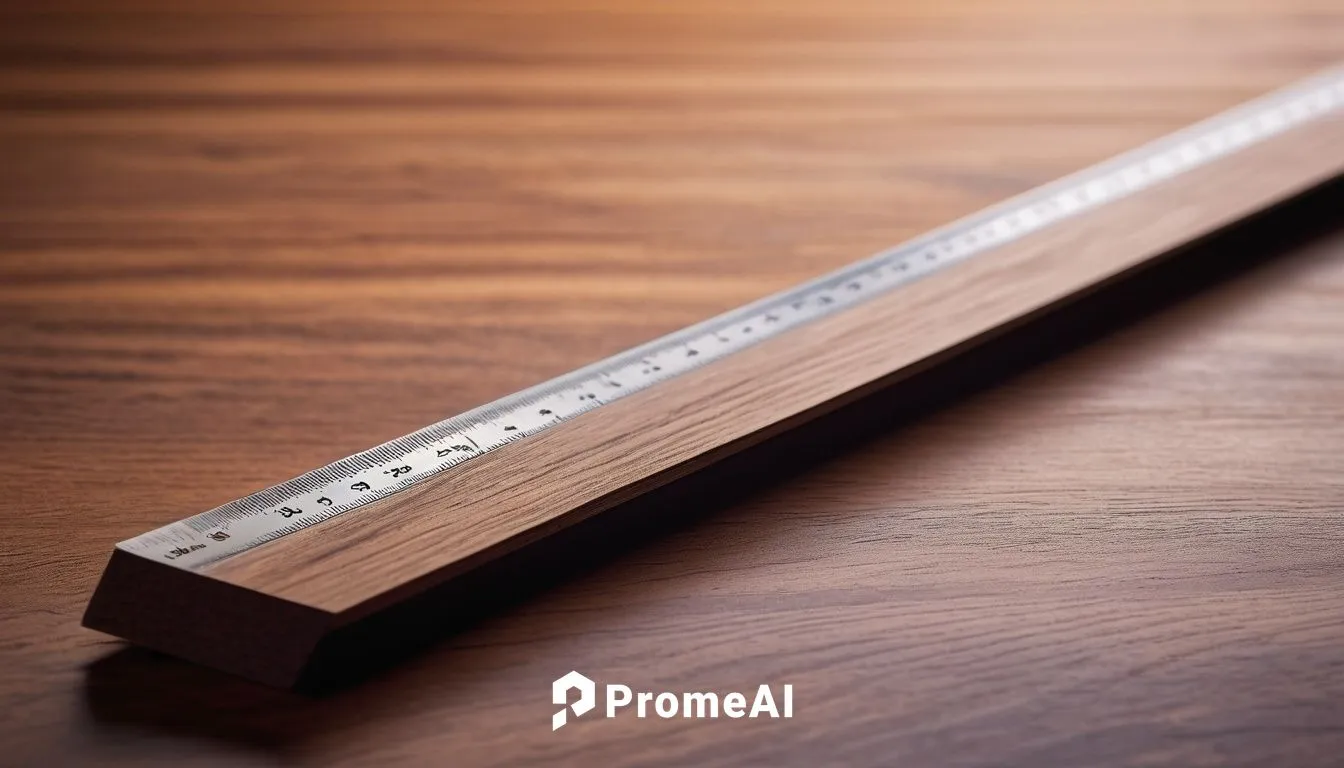 Architect's tool, wooden ruler, 30cm length, worn-out edges, precise calibrations, metal edge guard, ergonomic handle, wooden texture, subtle scratches, slight curve, desktop, wooden desk, modern offi