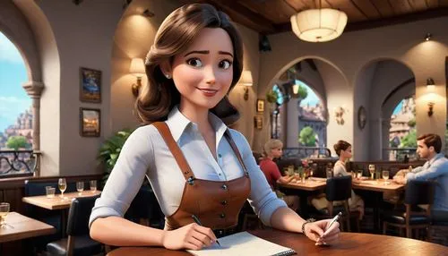 waitress,bookkeeper,tiana,disney character,animated cartoon,princess anna,barmaid,shanghai disney,cute cartoon character,librarian,receptionist,girl studying,agnes,animator,3d rendered,the girl's face,bartender,disneyland park,businesswoman,anime 3d,Unique,3D,3D Character