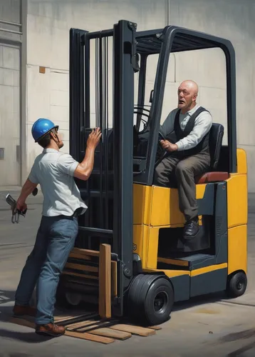 Create a humorous scene where a clumsy driver tries to operate a fork truck.,forklift,forklift truck,fork lift,fork truck,forklift piler,pallet jack,pallet transporter,vehicle handling,counterbalanced