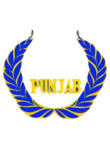 Punjabi logo, golden turban, intricate designs, red and blue colors, ornate patterns, curved shapes, bold typography, 3D effect, metallic texture, circular composition, high contrast lighting, vibrant