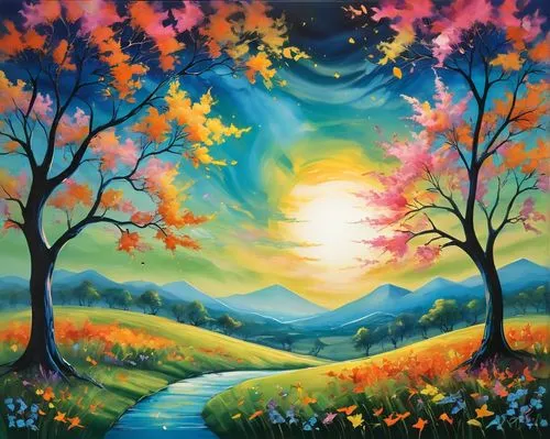 autumn landscape,fall landscape,autumn background,landscape background,colorful tree of life,art painting,Illustration,Realistic Fantasy,Realistic Fantasy 20