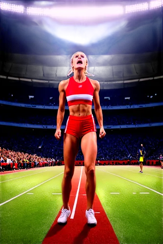 Stadium scene, sports arena, athletic track, crowded audience, cheering fans, bright floodlights, dramatic shadows, athletes in motion, sweat-drenched uniforms, intense facial expressions, muscular ph