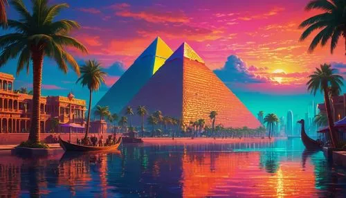 A breathtaking landscape of ancient Egypt with pyramids and the Nile River at sunset, intricately crafted in hyper-realistic oil on canvas, evoking a sense of majestic wonder, as if the viewer is stan