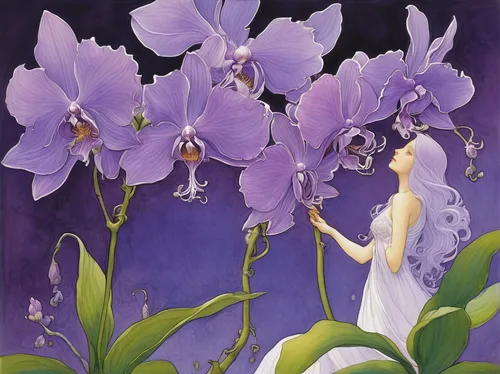 Describe a mysterious painting of a lilac orchid that grants wishes.,orchids,lilac orchid,purple irises,irises,phalaenopsis,la violetta,tommie crocus,algerian iris,orchid,wild orchid,laelia,cattleya,i