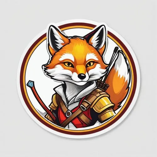 Fantasy emblem logo for wargame token depicting a cunning red fox archer, anthropomorphic ((including the word "Vulpid")), yellow-toned token, illustration, vibrant ((circular token)) on white backgro