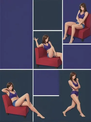 Create a body study of this girl in the style of a comic page with 4 pictures: 1. (left) close-up, 2. sitting, 3. standing (right) and 4. (below) lying on a chaise longue.,a woman is sitting on a chai