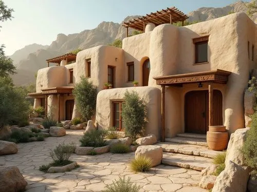 Earthy tone facades, natural stone walls, wooden accents, curved lines, ornate details, cultural patterns, regional motifs, warm beige colors, rustic textures, traditional architectural elements, mode