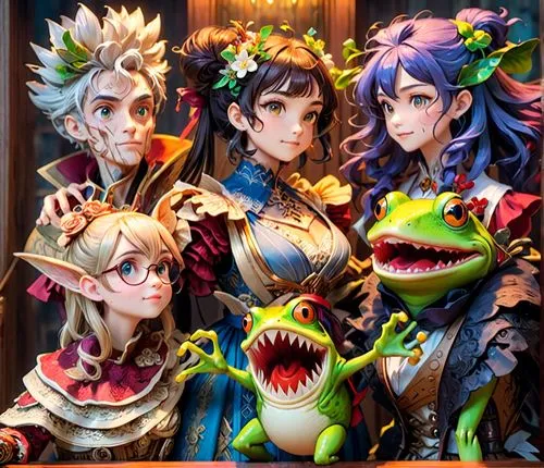 group photo of 5 adventurers, 3 ladies, a wooden-automaton, and a frog-humanoid with a little-monster
,the art work of fire emblem, with three different avatars,group photo,dragon slayers,family photo