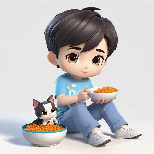 cute cartoon character,cute cartoon image,baby playing with food,katsudon,bowl of rice,domestic short-haired cat,congee,child is sitting,takikomi gohan,food icons,chibi kids,3d figure,pet food,girl with cereal bowl,cereals,clay animation,funko,cat food,small animal food,grainau,Unique,3D,3D Character