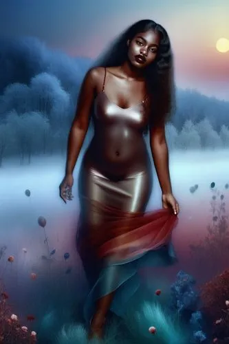 Beautiful nigerian girl, full dark curly hair, big dark almond eyes, full red lips, misty sky,a painting of a black woman in silver dress,oshun,inanna,nzinga,african woman,naiad,nubia,Illustration,Rea