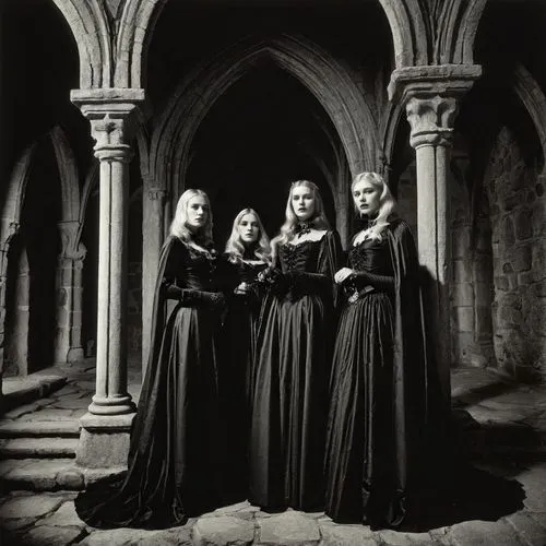 four vampire Scandinavian beautiful women inside a gothic castle, old silenth film,gothic portrait,dark gothic mood,nuns,gothic fashion,carpathian,gothic,clergy,blackmetal,sepulchre,monks,gothic style