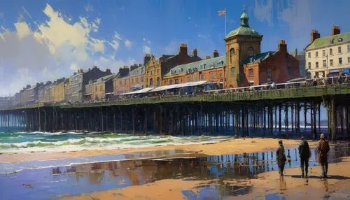 Newcastle upon Tyne, sunny, Britsh pier on the sea with pub and shops, scene of 19th century, insanely detailed inpasto painting with rough paint strokes and textures, by Pino Daeni, Jeremy Mann, Carn