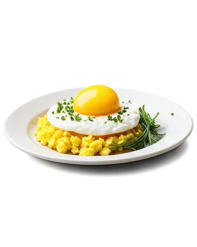 Scrambled eggs, morning dish, plate, yellow yolk, white egg white, chopped herbs, salt and pepper shakers, stainless steel fork, ceramic plate, soft natural light, 3/4 composition, shallow depth of fi