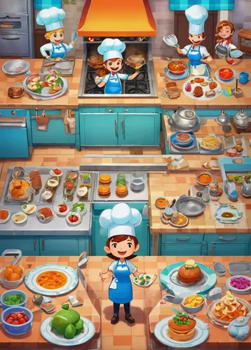 videogame, Overcooked series, chaotic kitchen, cooperative gameplay, chefs in action, cartoon style, vibrant colors, dynamic environment, food preparation, time management, kitchen obstacles, fire haz