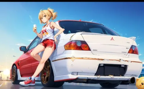 a bright red Mitsubishi evo , with big bronze rays rims immaculate paint job, a gorgeous blonde, wearing white tight tank top, in torn denim shorts,a anime girl leaning up against a car and holding a 