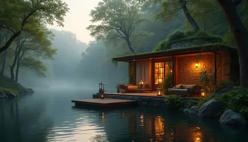 Luxury boathouse, harmonious integration with nature, surrounded by dense forest, tall trees, overhanging branches, serene lake, calm water reflection, wooden dock, vintage lanterns, soft warm lightin