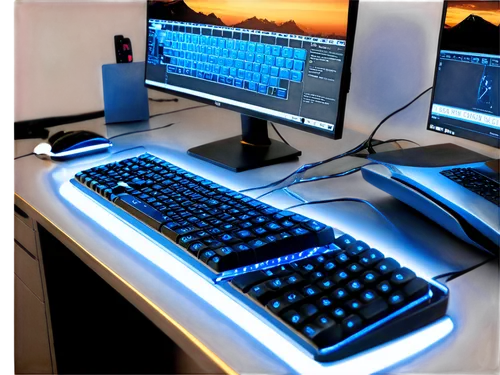 Modern computer, sleek design, silver metal body, glowing blue LED lights, futuristic keyboard, high-tech mouse, multiple monitors, tangled wires, messy desktop, 3/4 composition, shallow depth of fiel