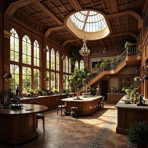 \Intricate laboratory, ornate metalwork, curvilinear lines, flowing botanical motifs, stained glass windows, warm golden lighting, rich wood paneling, antique scientific equipment, vintage microscopes