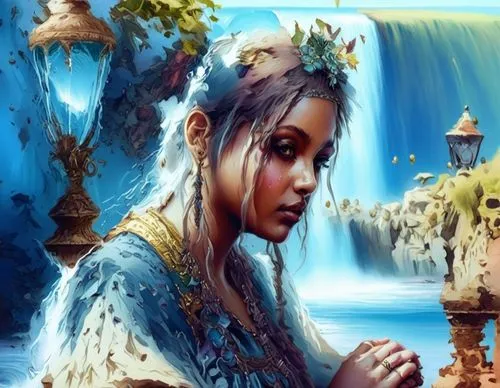 a painting of a woman with her hands in her pockets,fantasy art,woman at the well,fantasy picture,mystical portrait of a girl,shalott,fantasy portrait,Illustration,Realistic Fantasy,Realistic Fantasy 